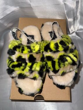 UGG Neon Yellow & Black Leopard Fluff yeah Slide Sandals